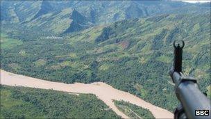 View from helicopter flying over the Ene-Apurimac valley