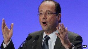 Francois Hollande delivering a speech during a meeting in Aulnay-sous-Bois, Paris