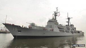 A handout photo shows a Philippines Navy warship docked at the naval headquarters in Manila 11 December, 2011