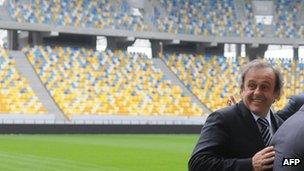 Uefa President Michel Platini after a press conference in the Arena Lviv stadium, 12 Apr 12