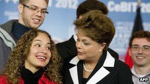 Brazilian President Dilma Rousseff (centre) with Brazilian students studying in Germany, March 2012