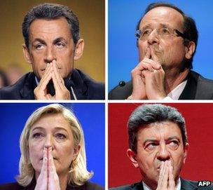 The four front-runners: Nicolas Sarkozy (top L) Francois Hollande (top R), Marine Le Pen and Jean-Luc Melenchon