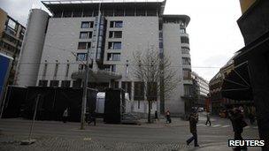 A TV crew films outside the courthouse in Oslo April 13, 2012, where the trial of Norwegian mass killer Anders Behring Breivik will start next Monday.