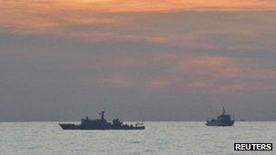 Two Chinese surveillance ships near the Scarborough Shoal on 10 April, in image via Philippine military