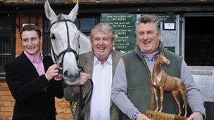 Jockey Daryl Jacob, owner John Hales and trainer Paul Nicholls with Neptune Collonges (left to right)