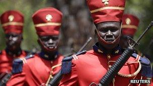 Members of Senegal's presidential guard stand by during the inauguration of Senegal's newly elected President Macky Sall in the capital Dakar, 2 April 2012