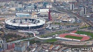 Aerial view of Olympic stadium and park, 17 April 2012