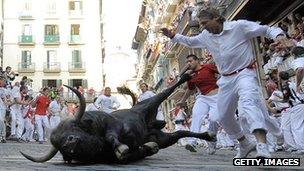 A bull falls in the San Fermin bull run in Spain