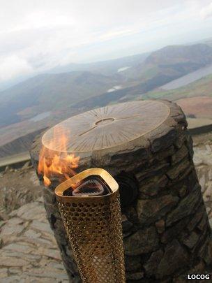 The Olympic torch and on the summit of Snowdon