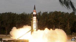 India’s Agni-V missile being launched from Wheeler Island off India's east coast