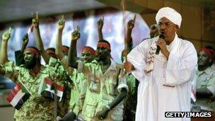 Omar Bashir addresses a youth rally in support of troops