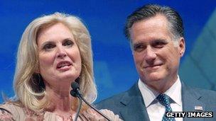 US Republican presidential hopeful Mitt Romney listens to his wife Ann as she addresses the National Rifle Association (NRA) Leadership Forum on April 13, 2012 in St. Louis, Missouri