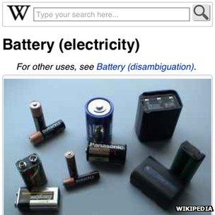 A screenshot of the entry for "batteries" on Wikipedia