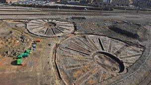 Ariel photo of the historic turntables unearthed near York station. Photo: Network Rail