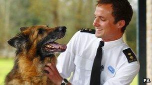 Alsatian cross Soldier with RSPCA inspector Patrick Bailey