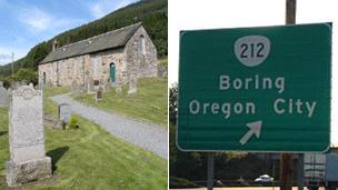 The Church at Dull and road sign for Boring, Oregon