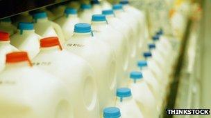 Milk stocked in a supermarket fridge