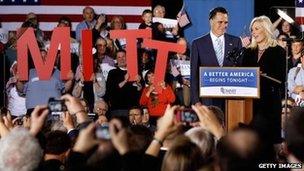 Republican presidential candidate Mitt Romney and his wife Ann address a campaign rally