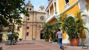 Man walks in Cartagena's old town, November 2009