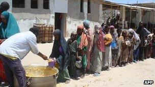 Children queue for food aid in Somalia