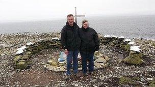 Brian and Melanie at HMS Sheffield Memorial in Falkland