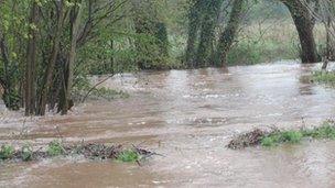 The flooded River Dore, which flows through Peterchurch, Herefordshire