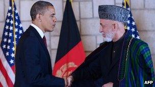 President Barack Obama shakes hands with Afghan President Hamid Karzai