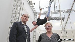 Bradley Hemmings and Jenny Sealey pose together at a circus skills workshop on 2 May 2012 in London, England