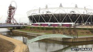 The stadium, Orbit tower and river in Olympic Park