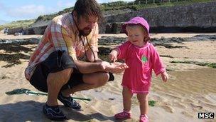 Parent and child on beach