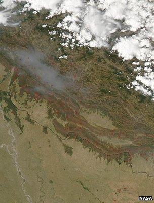 Satellite imagery highlighting the location of Nepal's fires (Image: Nasa)