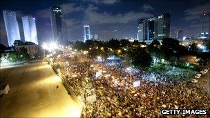 Wide shot of protest in Tel Aviv last August