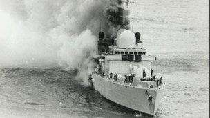 HMS Sheffield on fire after being hit by an Argentine Exocet missile