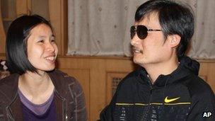 Photo released by Hu Jia of Chinese legal activist Chen Guangcheng meeting Zeng Jinyan in Beijing in late April, 2012