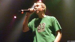 Adam Yauch on stage in New York after the 9/11 attacks, October 2001