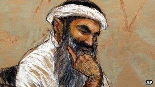 Sketch by courtroom artists of Khalid Sheikh Mohammed during the arraignment hearing in Guantanamo, 5 May.