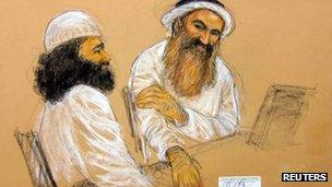 Court sketch of Waleed Bin Attash, (L) and Khalid Sheikh Mohammad