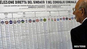 Voter examines list of candidates in Civitavecchia, 6 May 12