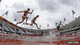 The men's 3000m Steeplechase during the BUCS Outdoor Athletics Championships at the Olympic Stadium on 7 May