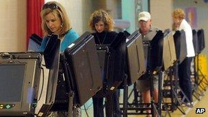 Gretchen Colby casts her vote at in Brunswick County, NC 8 May 2012