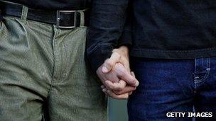 Two gay men holding hands, San Francisco, California 5 October 2006