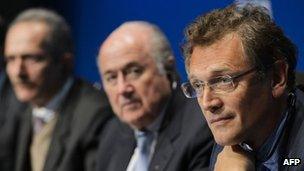 Fifa's Jerome Valcke (right) and Sepp Blatter with the Brazilian Sports Minister