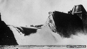 The Mohne Dam in 1943 after being bombed by the No 617 Squadron of the RAF, known as the Dambusters