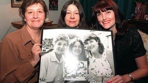 Jackie, Lynn and Sue with pictures of their younger selves in 2002