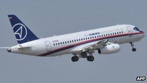 A Sukhoi Superjet 100 on a display flight in Hyderabad, India, 14 March