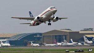 Photo released by Sergey Dolya - the ill-fated Sukhoi Superjet-100 takes off from Halim Perdanakusuma airport in Jakarta, Indonesia on 9 May, 2012