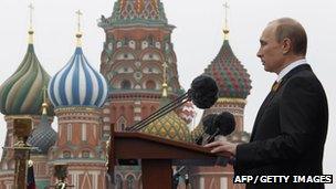 Vladimir Putin addressing a crowd in front of St Basil's cathedral, Moscow, May 9, 2012