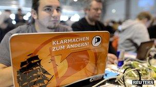 Delegates attend the national conference of the Pirate Party of Germany in Neumuenster (April 2012)