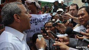 UN special envoy Surya Subedi speaks to the media in Borei Keila community in Phnom Penh