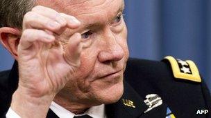 Chairman of the Joint Chiefs of Staff General Martin Dempsey speaks during a press briefing 10 May 2012